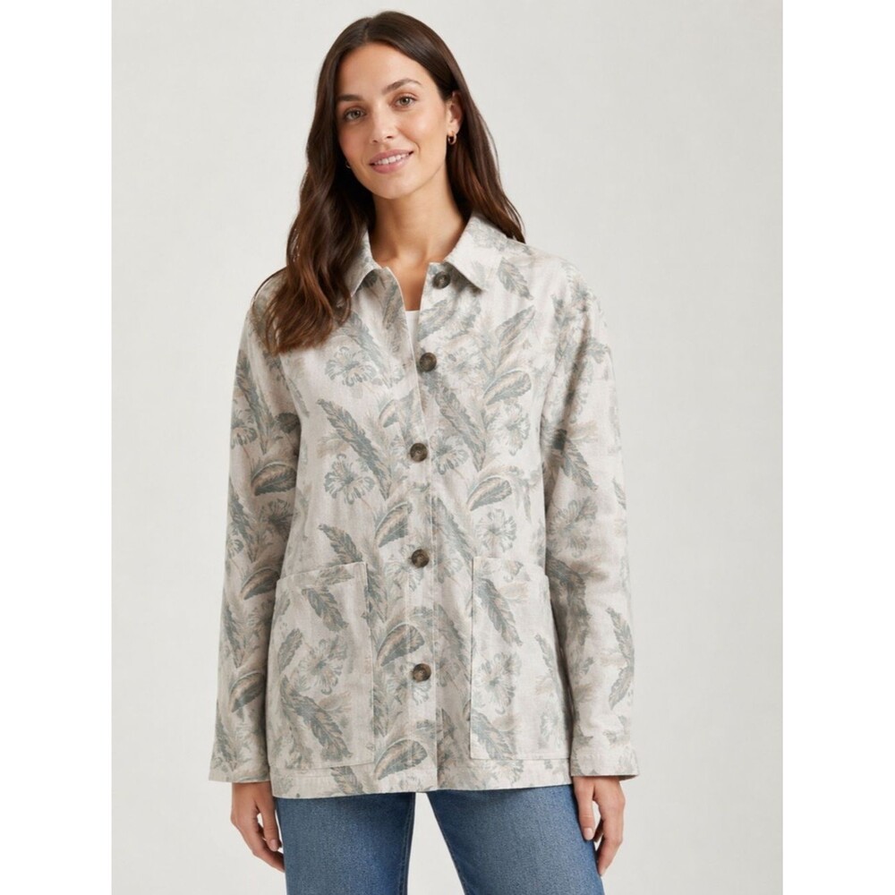 Eddie Bauer Linen Blend Jacket Floral Leaf Print Front Button Pockets S/P